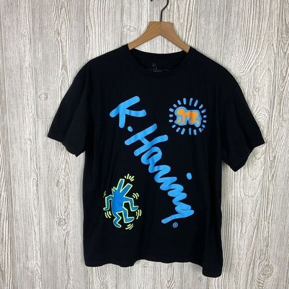 Keith Haring Artist Signature Art Black Graffiti Short Sleeve T-Shirt Men's L - Picture 2 of 6